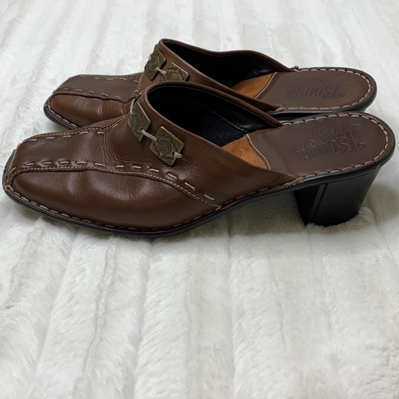 Tsonga‎ Brown Leather Mule Heeled Clogs - Picture 3 of 5